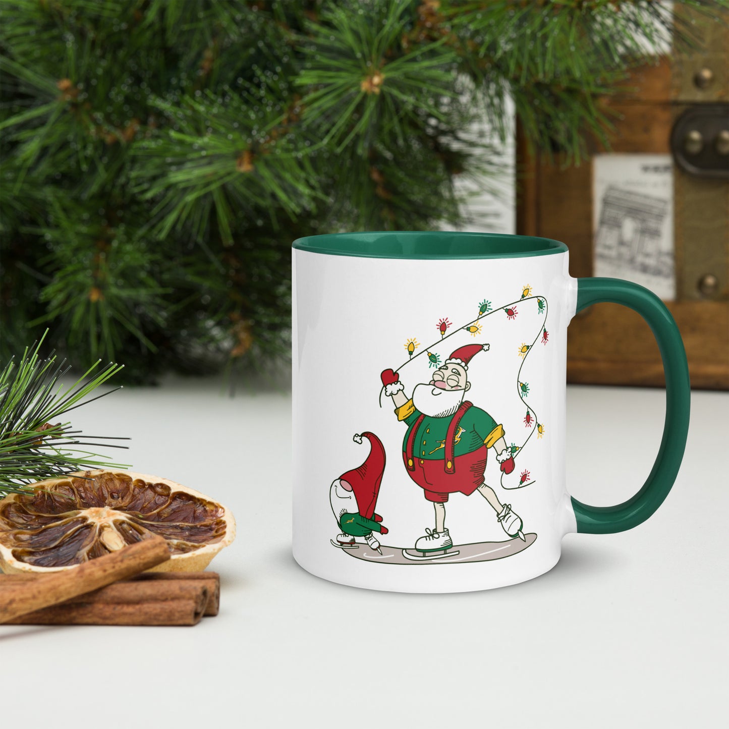 Santa Bok Fan Ice Skating Christmas Mug with Color Inside