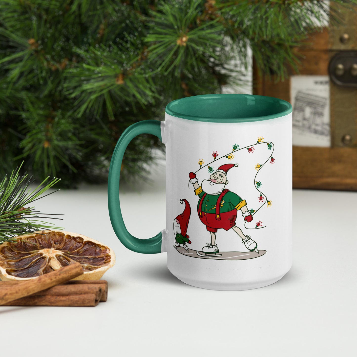 Santa Bok Fan Ice Skating Christmas Mug with Color Inside