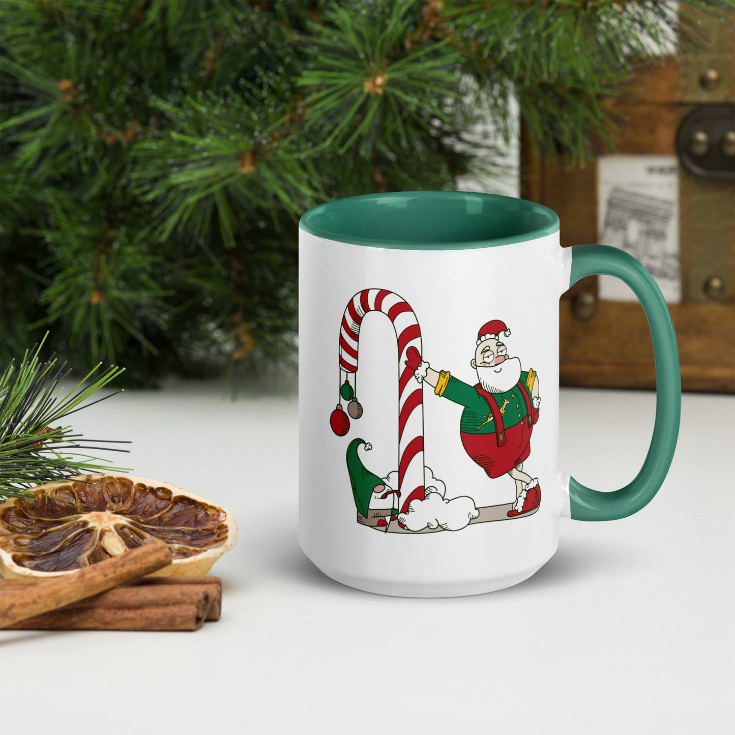 Santa Bok Fan Candy Cane Christmas Mug with Color Inside