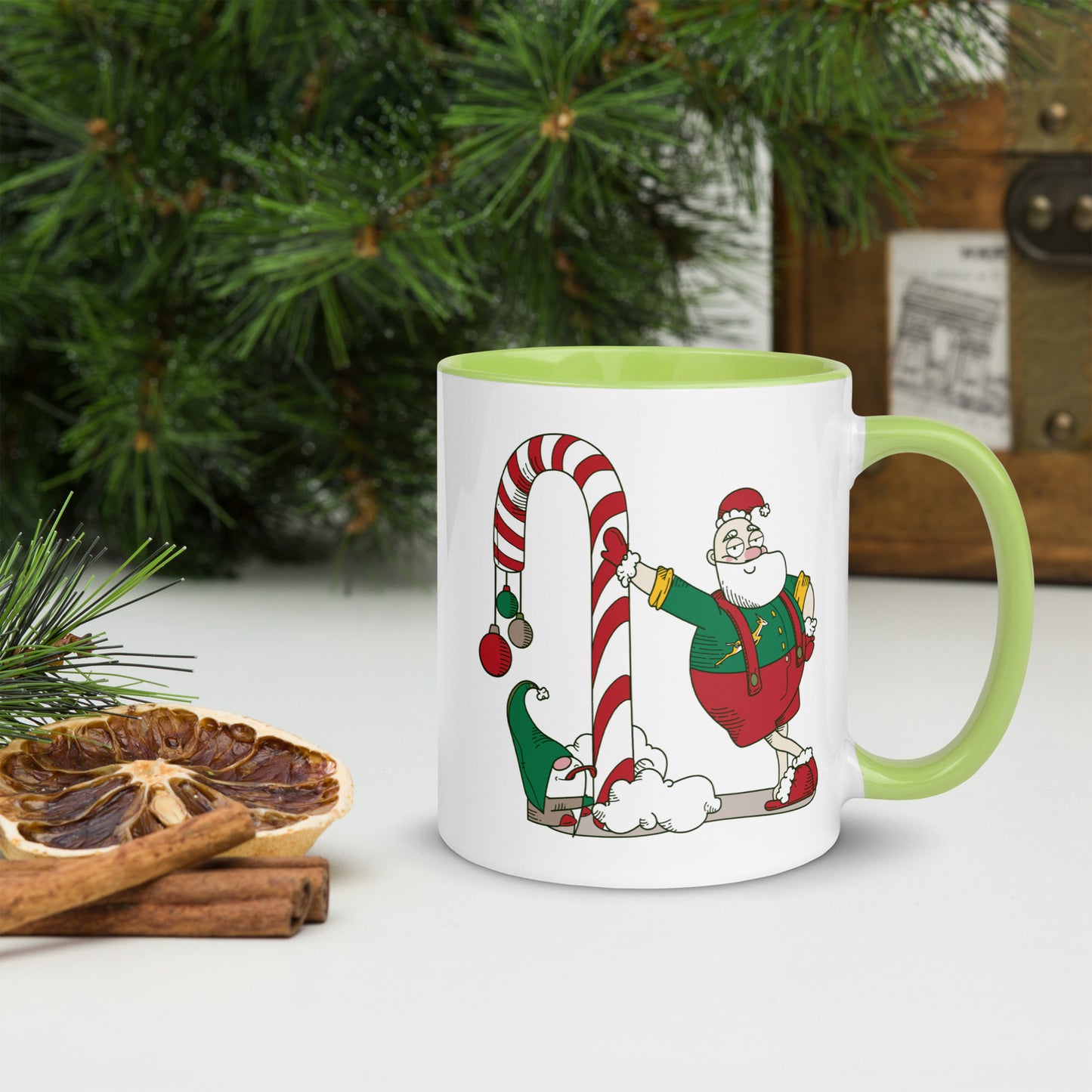 Santa Bok Fan Candy Cane Christmas Mug with Color Inside