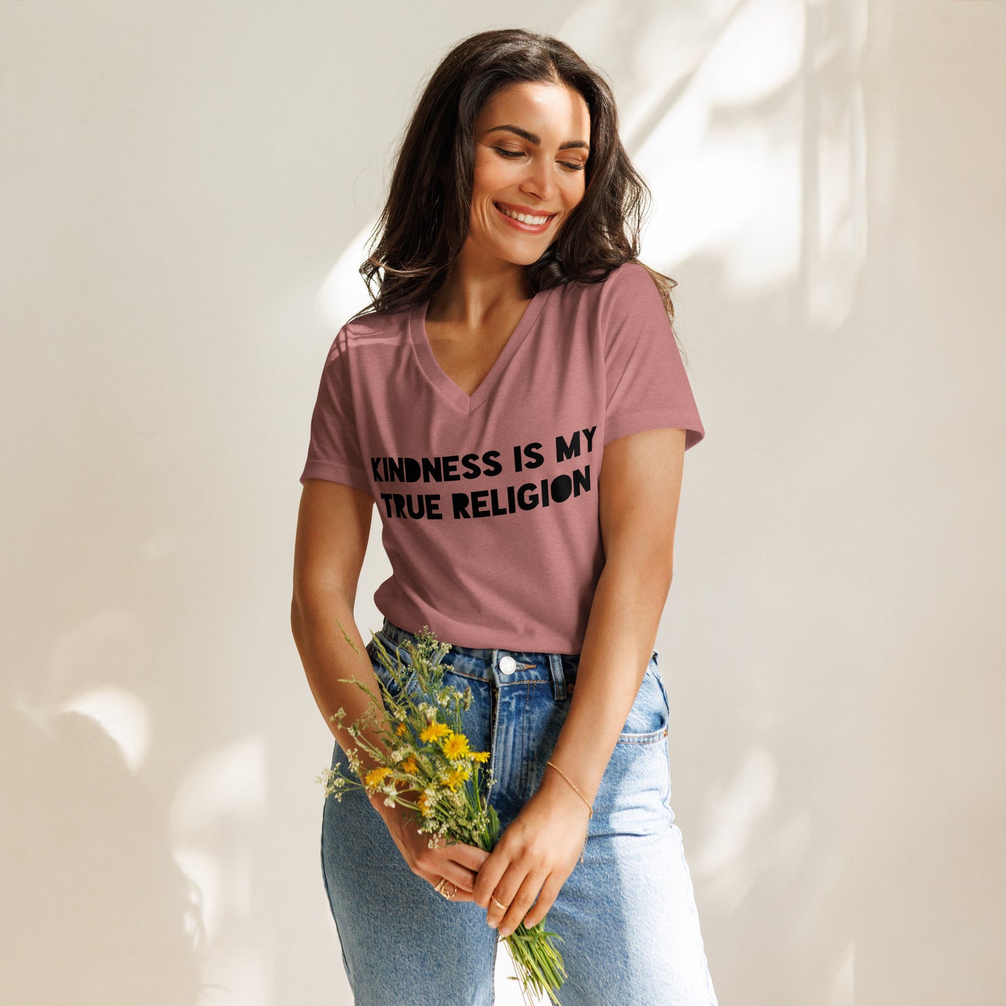 Kindness is my True Religion Women’s relaxed v-neck t-shirt - light colors