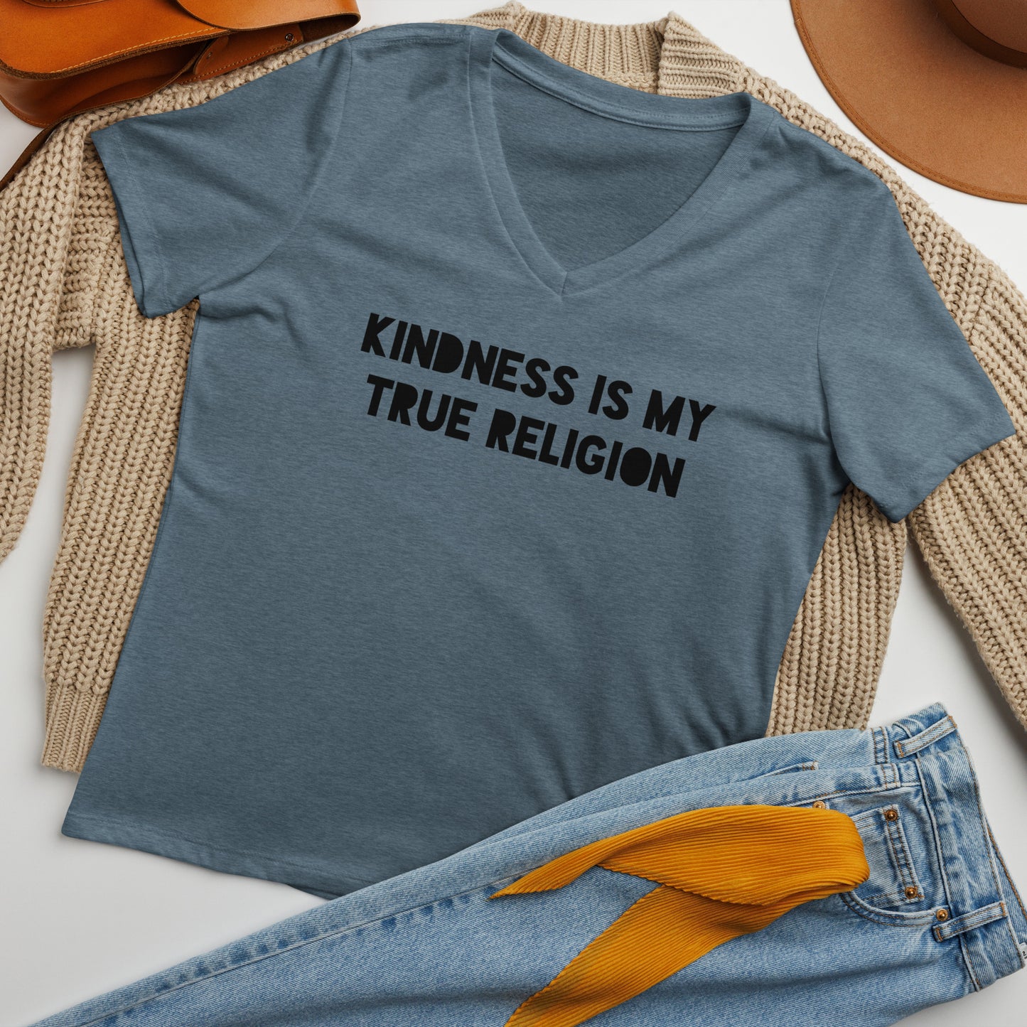 Kindness is my True Religion Women’s relaxed v-neck t-shirt - light colors