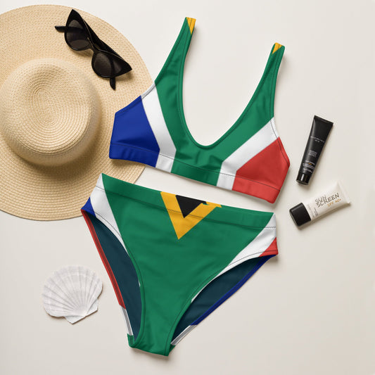 Sustainable high-waisted bikini featuring South African flag motif